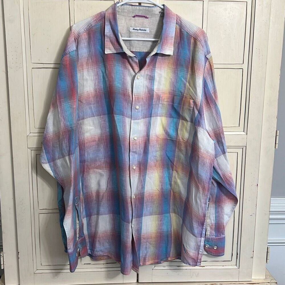 Tommy Bahama mens size XXL plaid linen shirt top